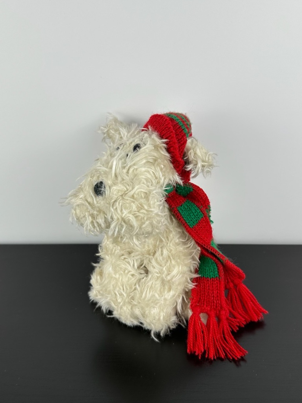 Russ Berrie Curly White Puppy Dog 7" Red Green Christmas Hat & Scarf Plush